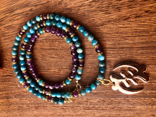 Gye Nyame Adinkra pendant with Blue Apatite & Amethyst mala