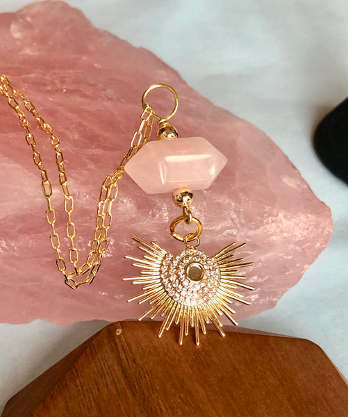 Rose quartz point set 18k gold covered sunset and chain