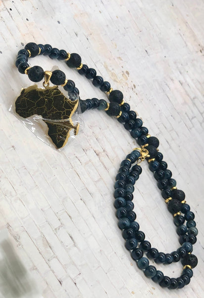 18k gold plated AFRICA pendant & 6mm blue tiger eye & lava beads