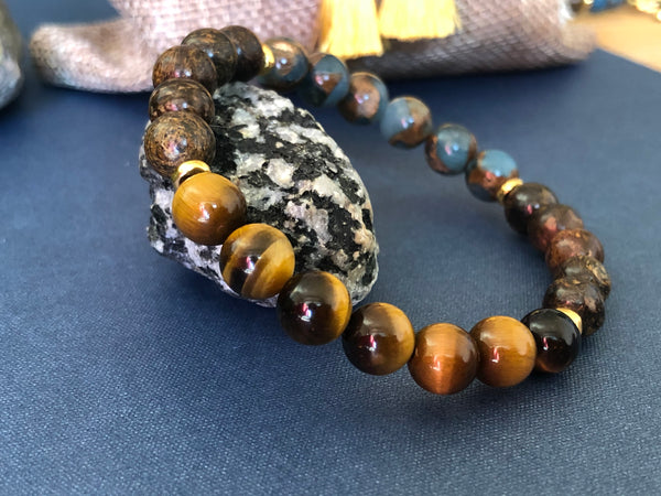 Bronzite, Mosaic Agate & Tiger eye 8mm Bracelet