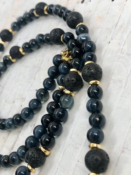 18k gold plated AFRICA pendant & 6mm blue tiger eye & lava beads