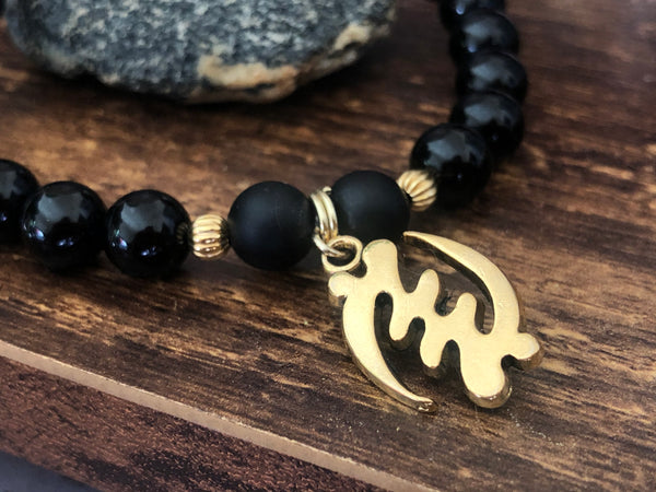 Supremacy of God Adinkra Symbol. Matte and polished Black Onyx 8mm