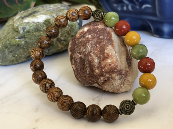 Wooden beads, red Jasper Green & yellow Jade 8mm