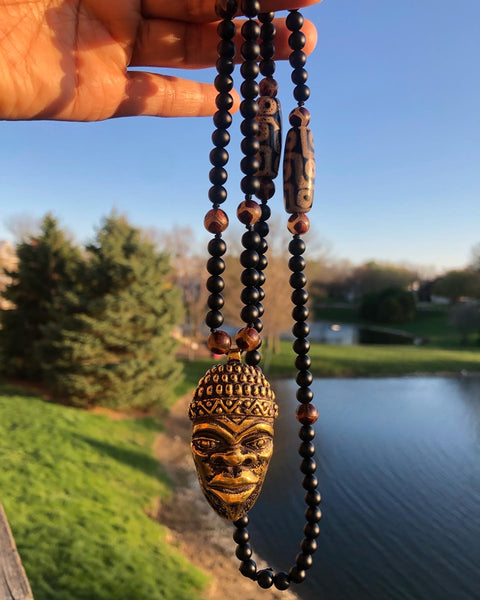 Black Onyx, Dzi agate Mala with African mask pendant