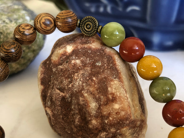 Wooden beads, red Jasper Green & yellow Jade 8mm