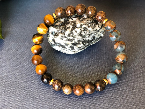 Bronzite, Mosaic Agate & Tiger eye 8mm Bracelet