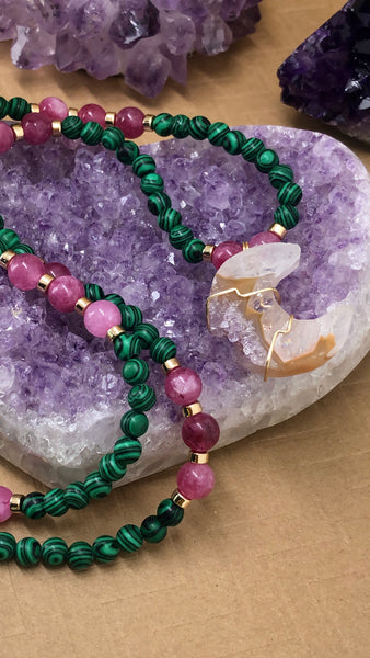 Malachite and pink tourmaline mala with stalactite amethyst moon pendant