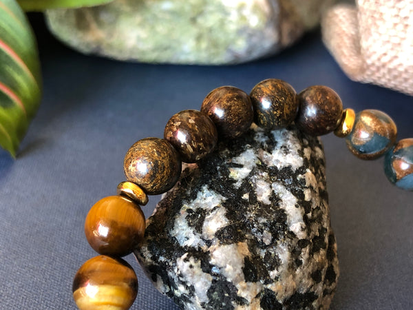 Bronzite, Mosaic Agate & Tiger eye 8mm Bracelet