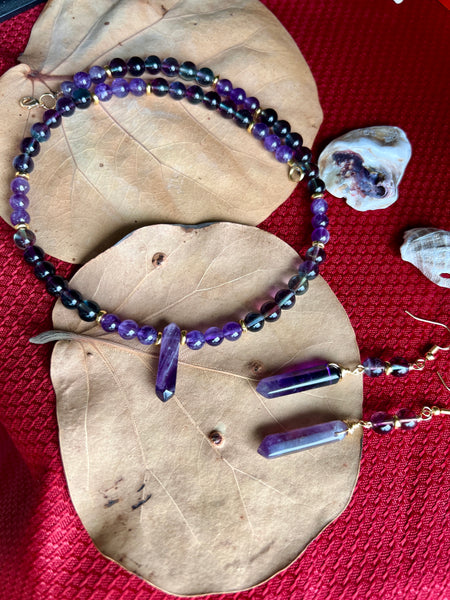 Fluorite and amethyst set with point pendant