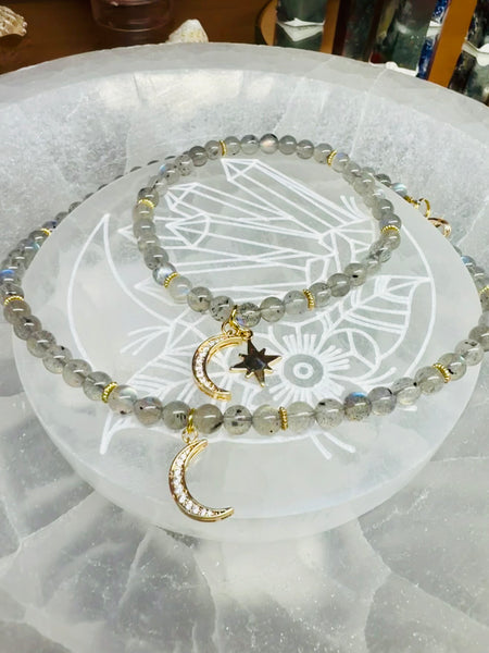 Blue flashy Labradorite 6mm grade AAA and moon pendant set