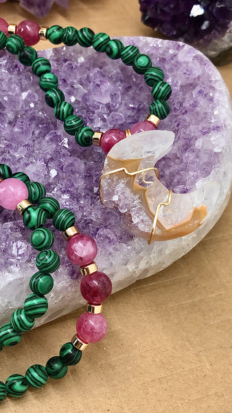 Malachite and pink tourmaline mala with stalactite amethyst moon pendant