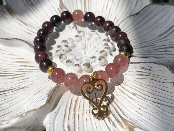 Strawberry Quartz, Garnet & Sankofa charm