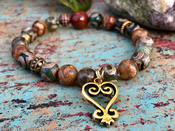 DZI agate & Sankofa Adinkra charm