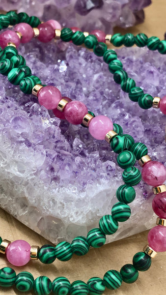 Malachite and pink tourmaline mala with stalactite amethyst moon pendant