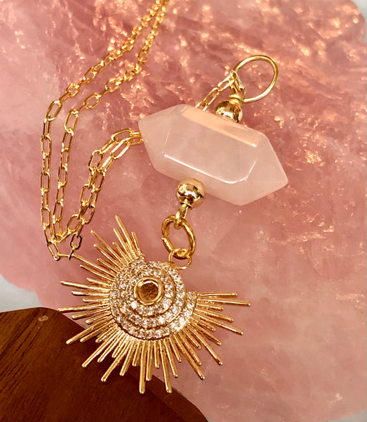 Rose quartz point set 18k gold covered sunset and chain