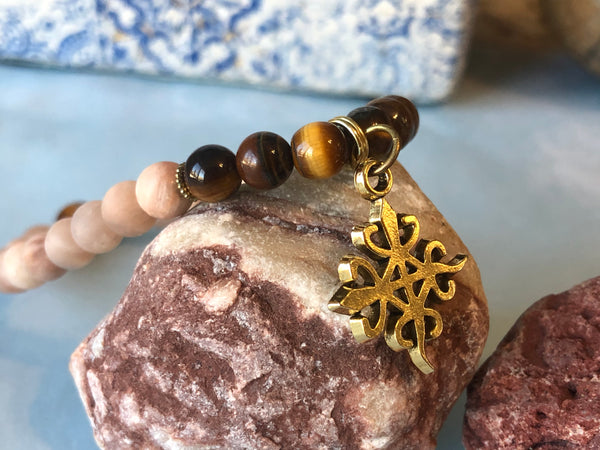Matte Moonstone & Tiger eye with Adinkra Charm 6mm
