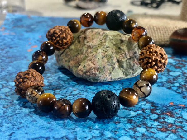 Rudraksha & Tiger Eye & Lava Beads & Dragon Vein Agate