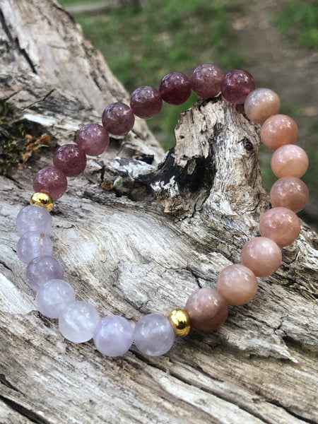 Strawberry Quartz, peach moonstone & Ametrine
