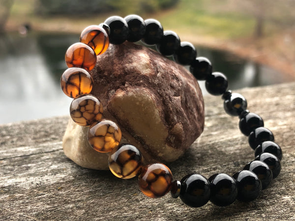 Black Onyx, dragon vain Agate & Hematite 8mm Bracelet