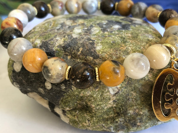 Yellow crazy lace agate, Bronzite 8mm & ESE NE TEKREMA Adinkra charm