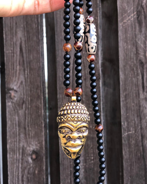 Black Onyx, Dzi agate Mala with African mask pendant