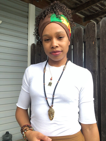 Black Onyx, Dzi agate Mala with African mask pendant