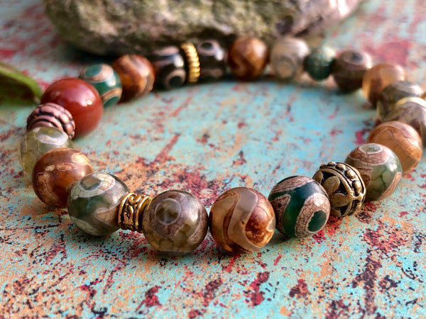 DZI agate & Sankofa Adinkra charm