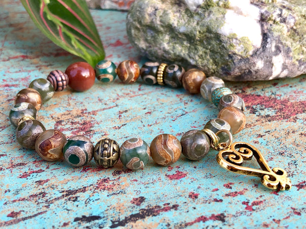 DZI agate & Sankofa Adinkra charm