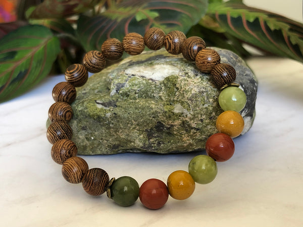 Wooden beads, red Jasper Green & yellow Jade 8mm