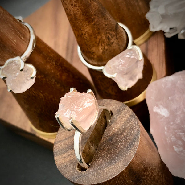 Raw rose quartz Sterling silver 925 ring