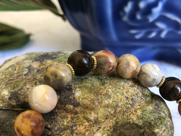 Yellow crazy lace agate, Bronzite 8mm & ESE NE TEKREMA Adinkra charm