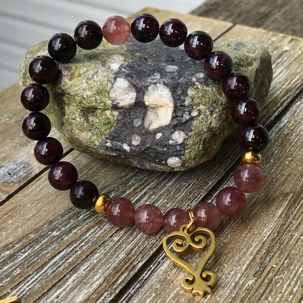 Strawberry Quartz, Garnet & Sankofa charm