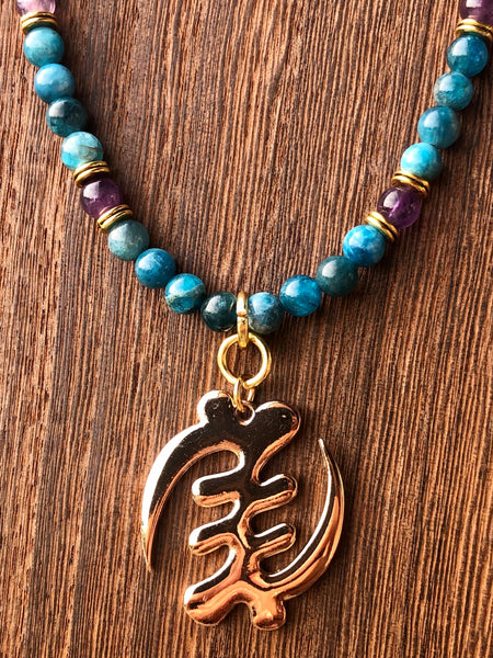 Gye Nyame Adinkra pendant with Blue Apatite & Amethyst mala