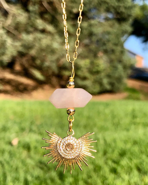 Rose quartz point set 18k gold covered sunset and chain
