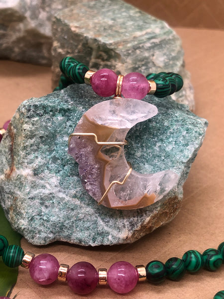 Malachite and pink tourmaline mala with stalactite amethyst moon pendant