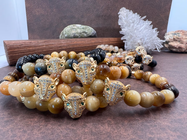 Green eye leopard mom tiger eye bracelets