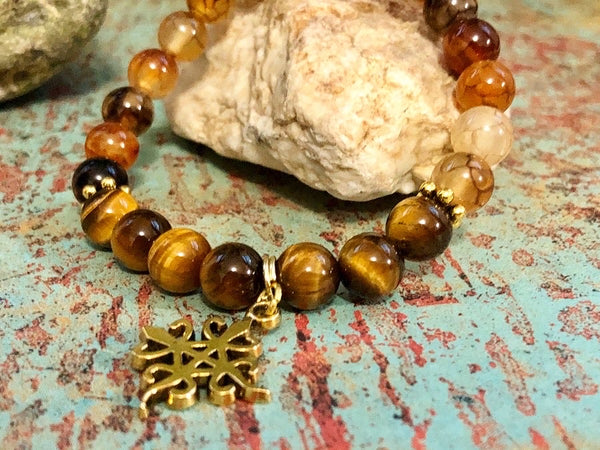 Tiger eye and Dragon Vein Agate, Adrinka symbol bracelet 8mm