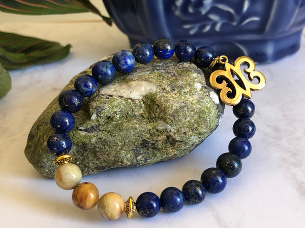 Lapis Lazuli & Yellow crazy lace Agate with Adinkra charm
