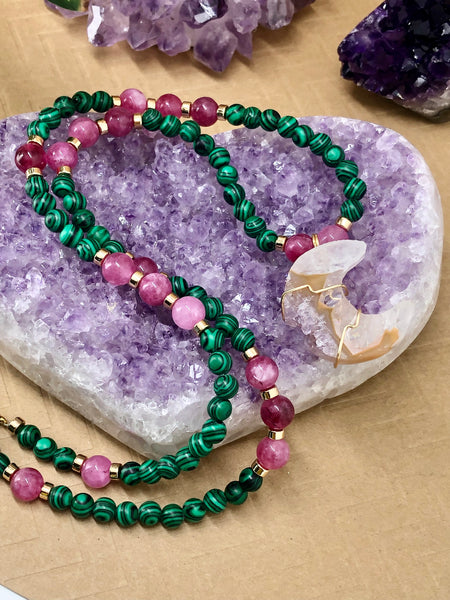 Malachite and pink tourmaline mala with stalactite amethyst moon pendant