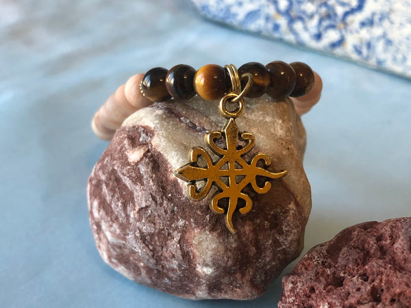 Matte Moonstone & Tiger eye with Adinkra Charm 6mm