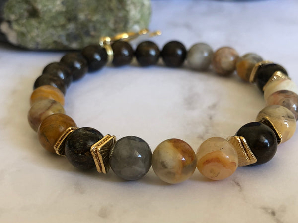 Yellow crazy lace agate & Bronzite bracelet with Sankofa Bird