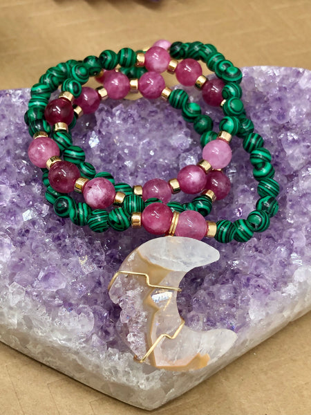 Malachite and pink tourmaline mala with stalactite amethyst moon pendant