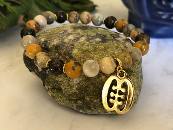 Yellow crazy lace agate, Bronzite 8mm & ESE NE TEKREMA Adinkra charm