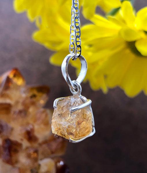 Raw citrine sterling silver 925 pendant necklace