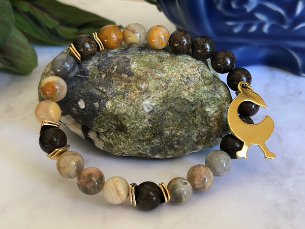 Yellow crazy lace agate & Bronzite bracelet with Sankofa Bird