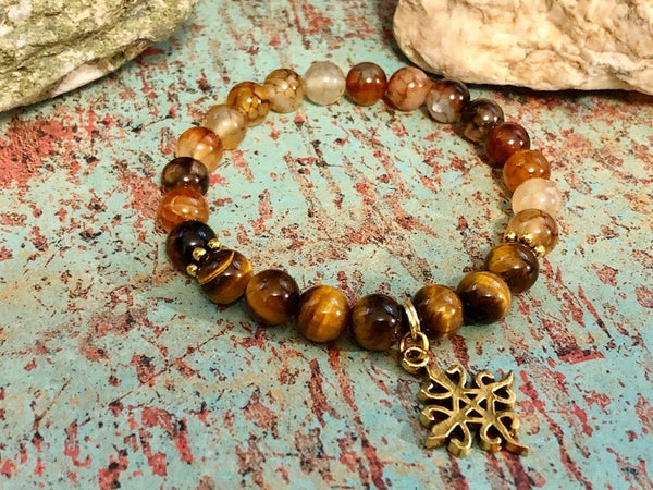 Tiger eye and Dragon Vein Agate, Adrinka symbol bracelet 8mm