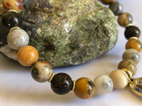 Yellow crazy lace agate, Bronzite 8mm & ESE NE TEKREMA Adinkra charm