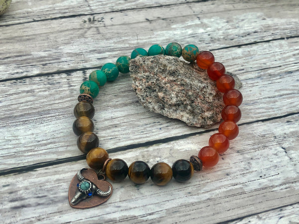 Tiger eye, carnelian, and imperial green jasper 8mm