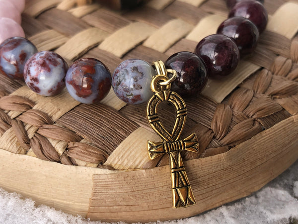 Kunzite, Lightening agate & Red garnet 8mm + Ankh Charm bracelet