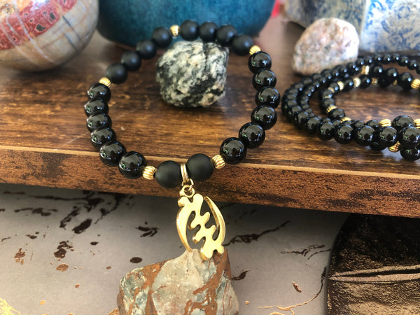 Supremacy of God Adinkra Symbol. Matte and polished Black Onyx 8mm